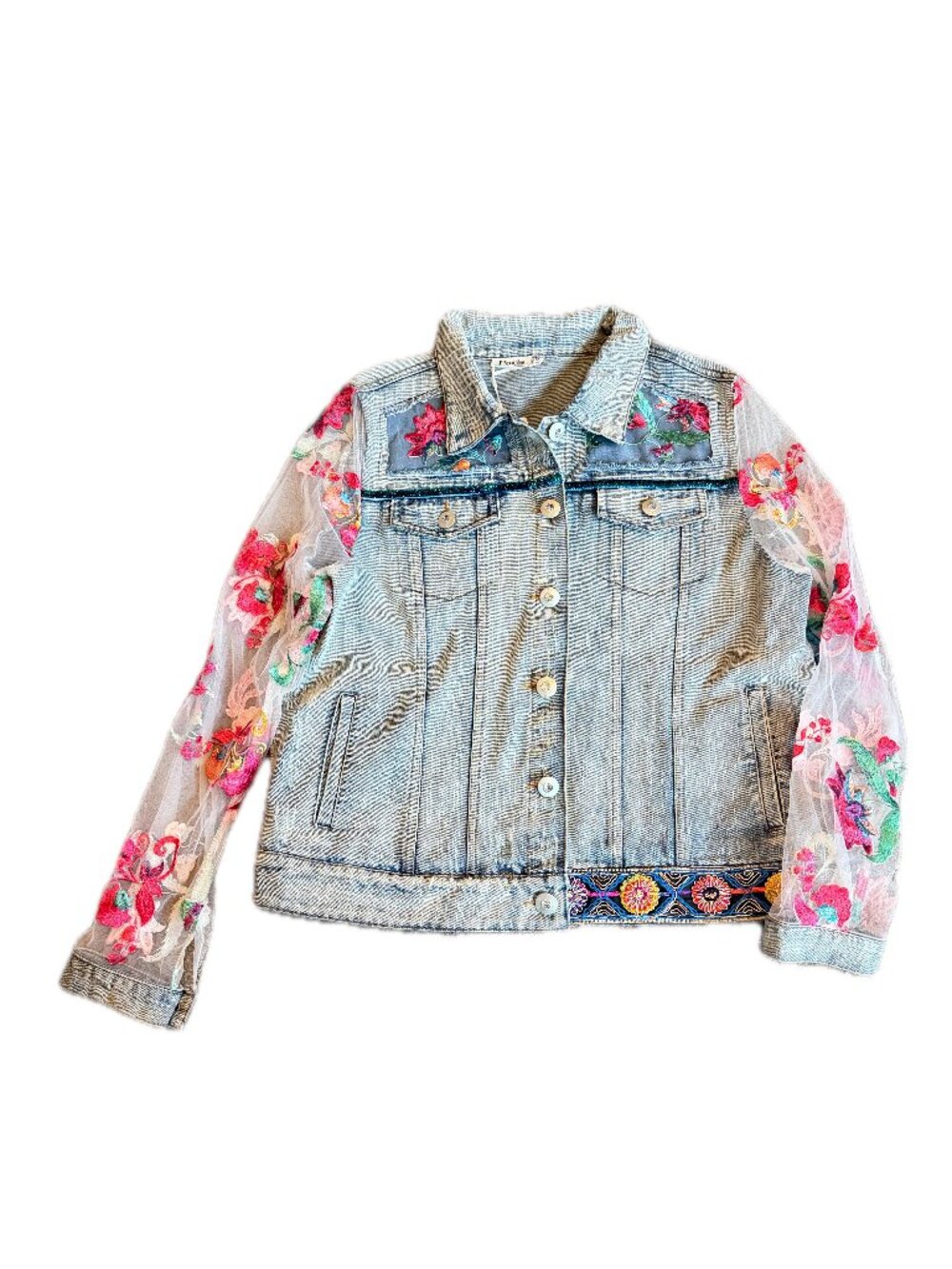 Paris Hues Light Wash Floral Embroidered Mesh Sleeve Jacket X-Large Women's NWT